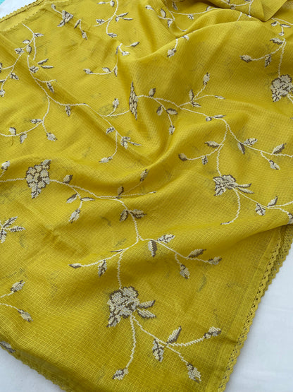 Yellow Kota Silk Embroidered Unstitched Suit Fabric