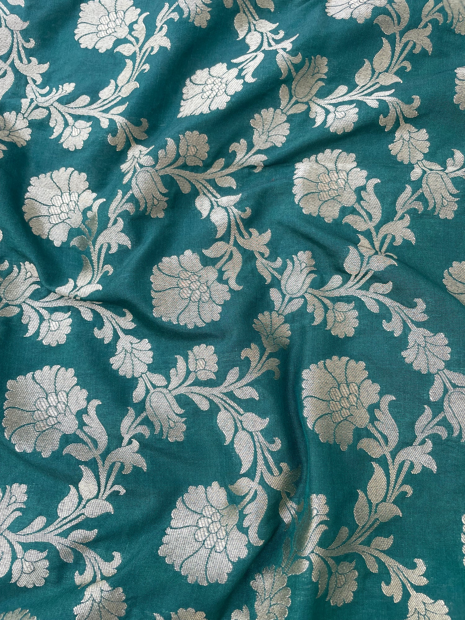Green Semi Silk Floral Jaal Fabric