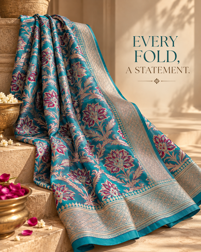 Blue Handwoven Kataan Silk Jangla Meenakari Banarasi Saree