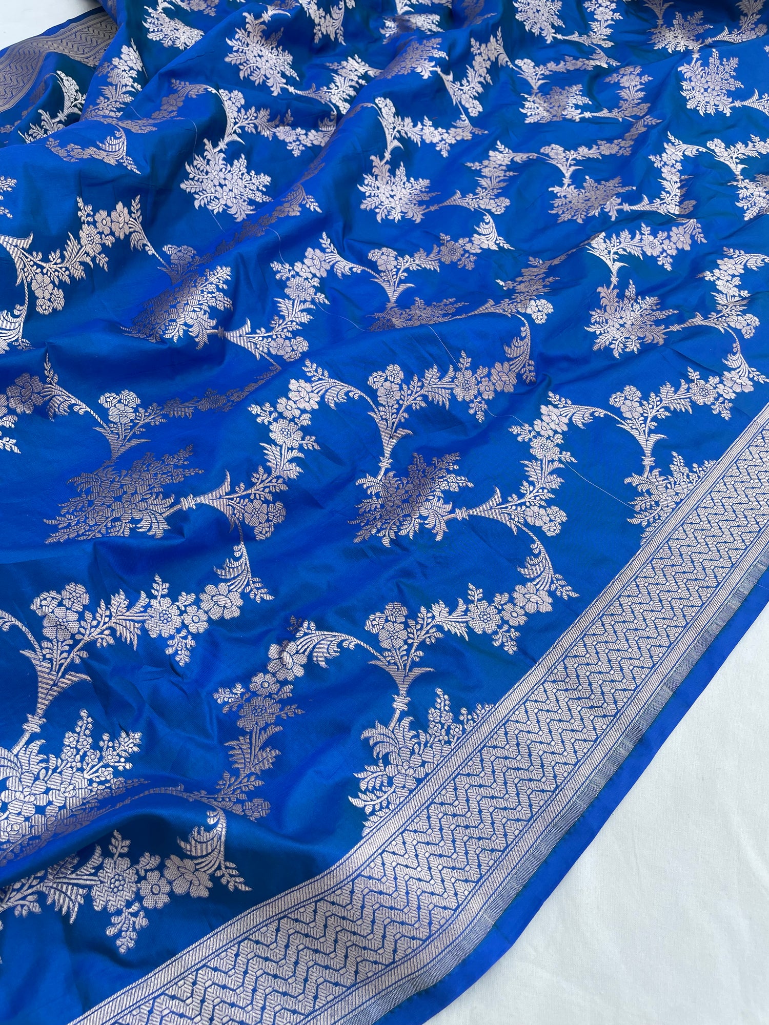 Blue Handwoven Pure Kataan Silk Banarasi Jaal Dupatta