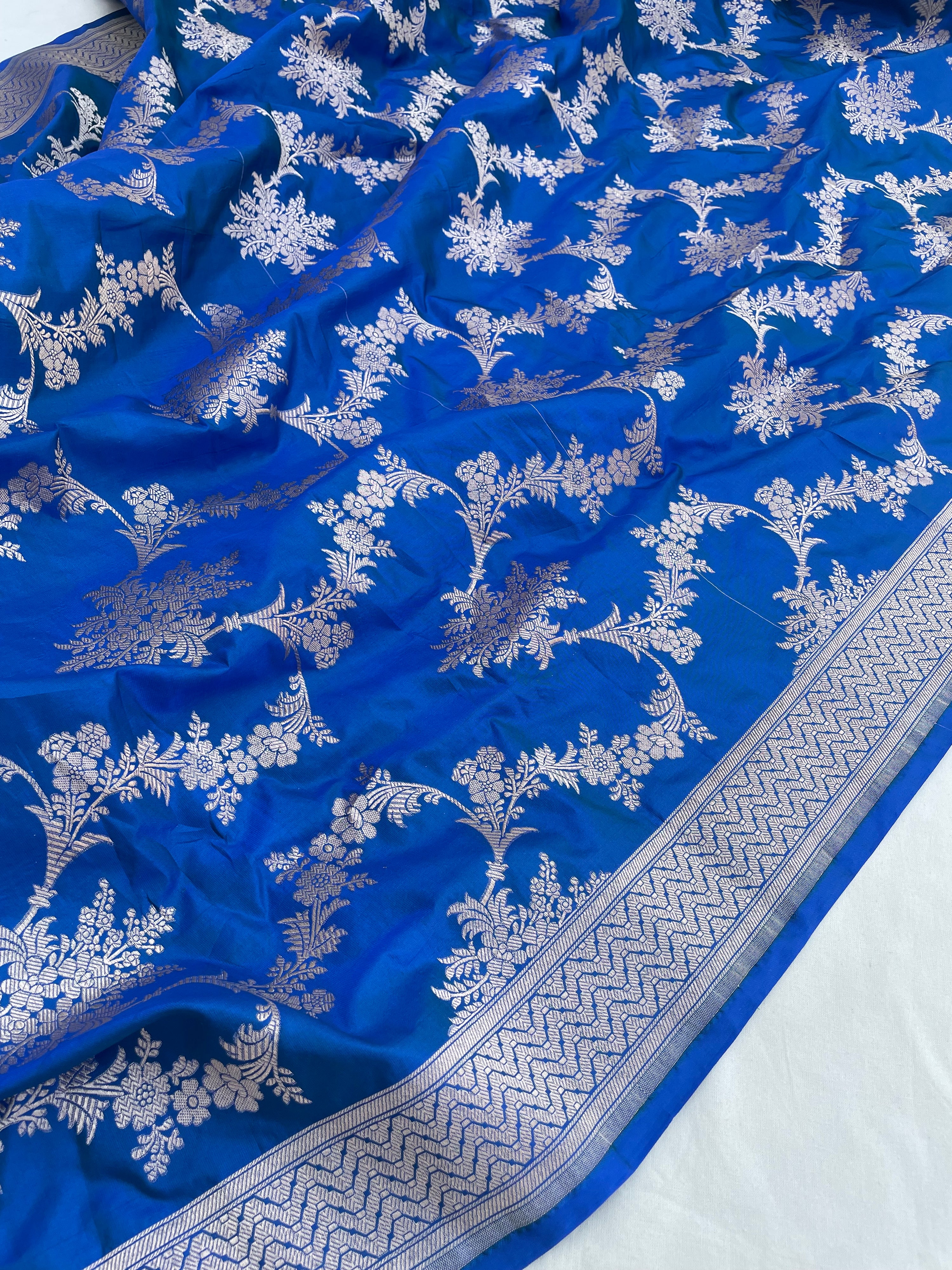 Blue Handwoven Pure Kataan Silk Banarasi Jaal Dupatta