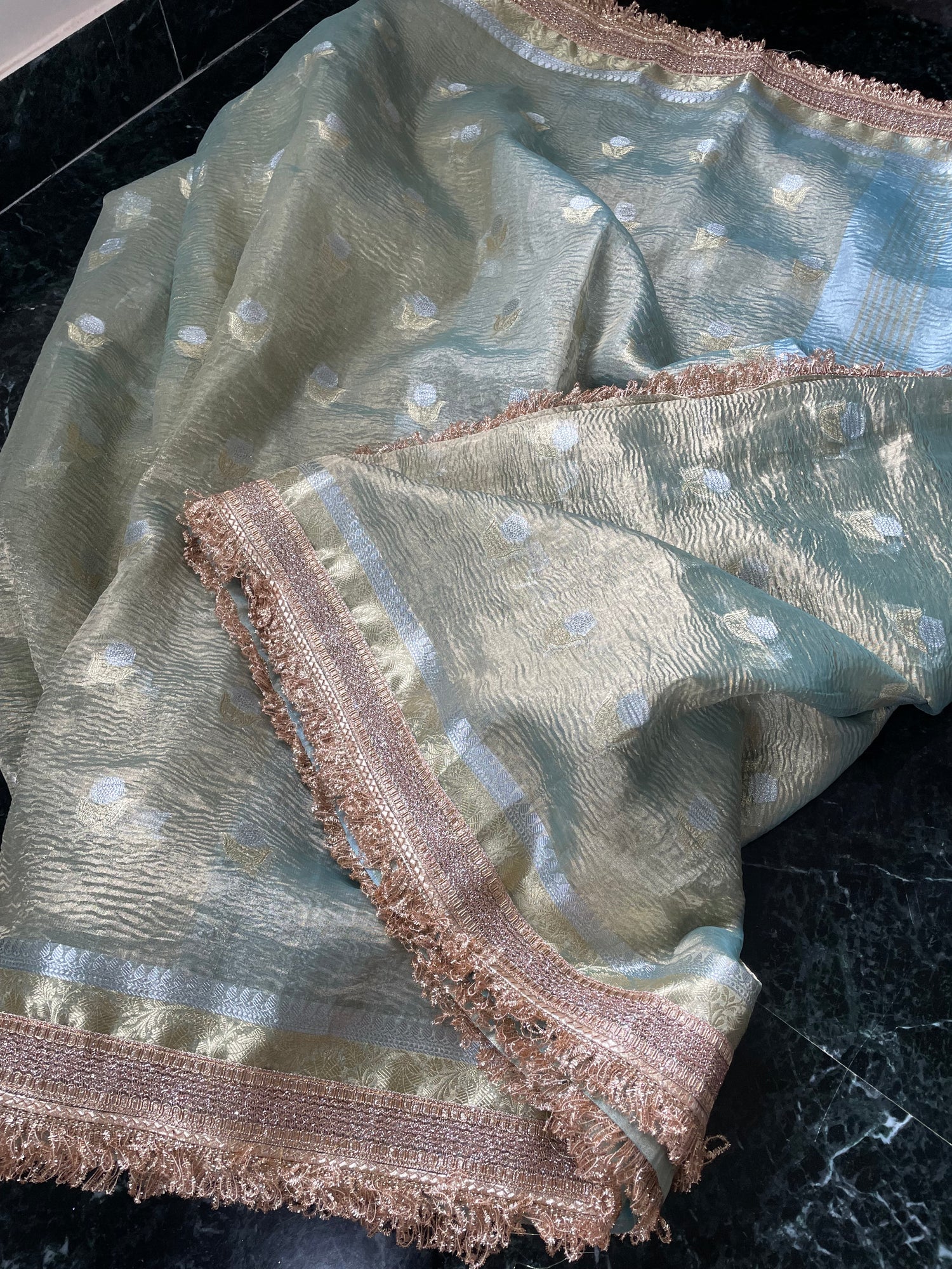 Pista Green Tissue Silk Saree with Embellished Border