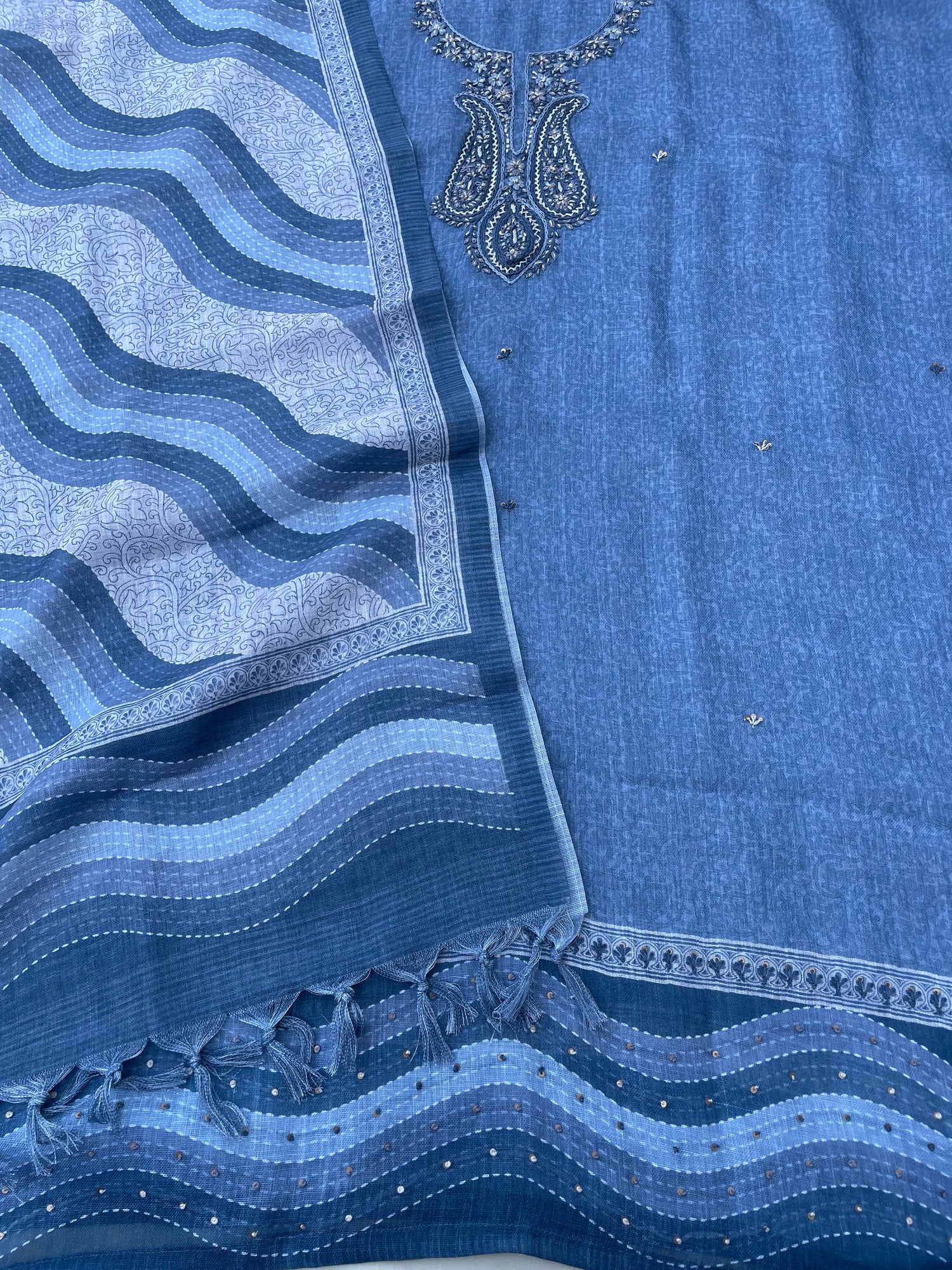 Blue Linen Embroidered Unstitched Suit Fabric