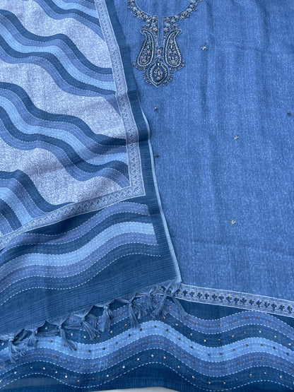 Blue Linen Embroidered Unstitched Suit Fabric