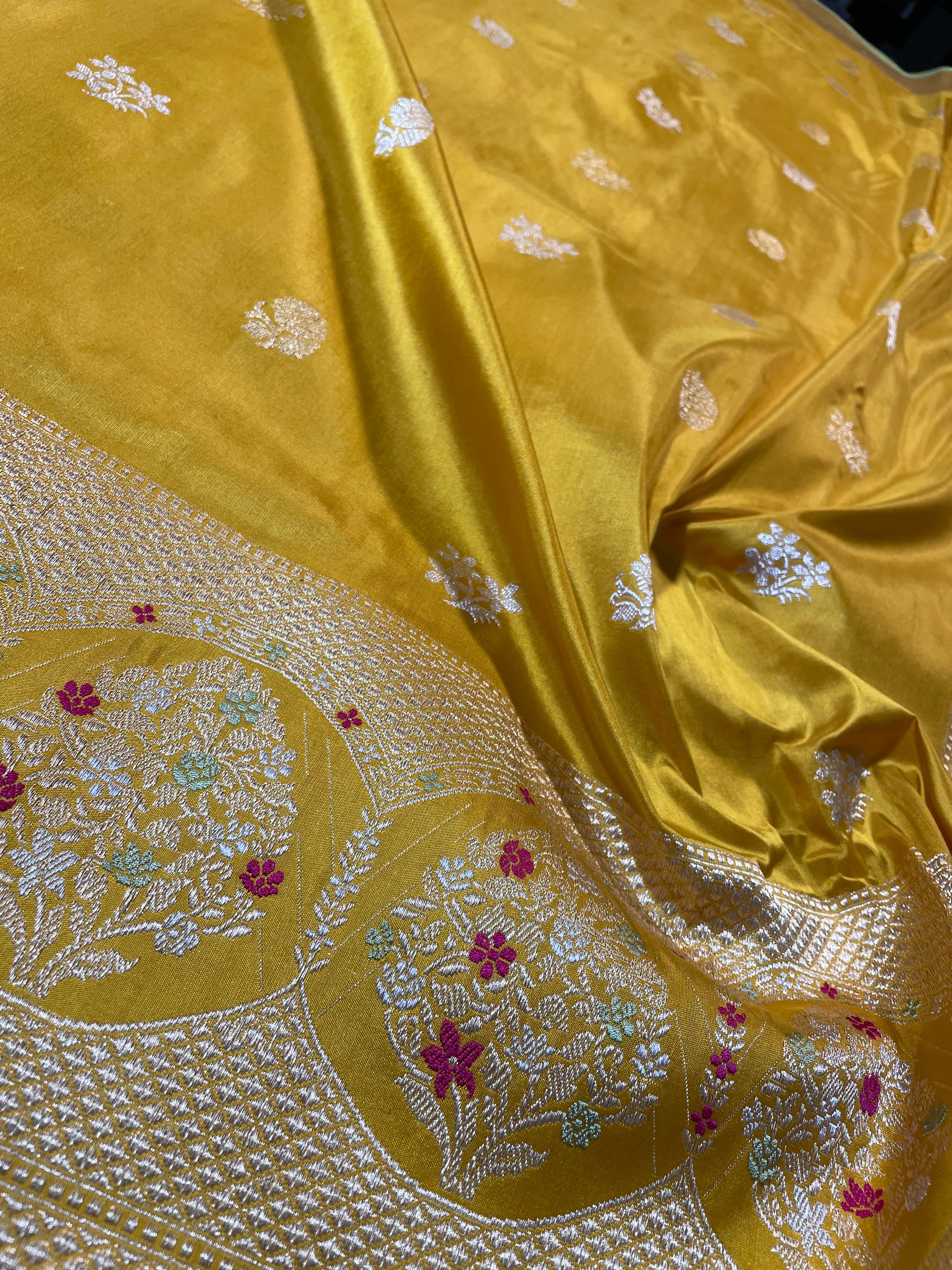 Mustard Yellow Kadhua Patta Buti Pure Silk Banarasi Saree