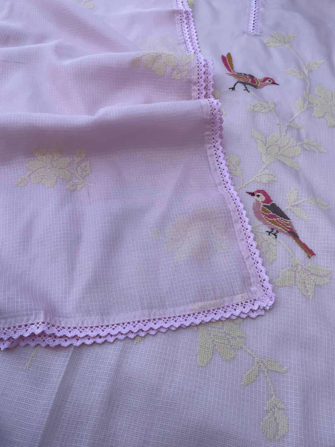 Pink Kota Silk Embroidered Unstitched Suit Fabric