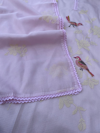 Pink Kota Silk Embroidered Unstitched Suit Fabric