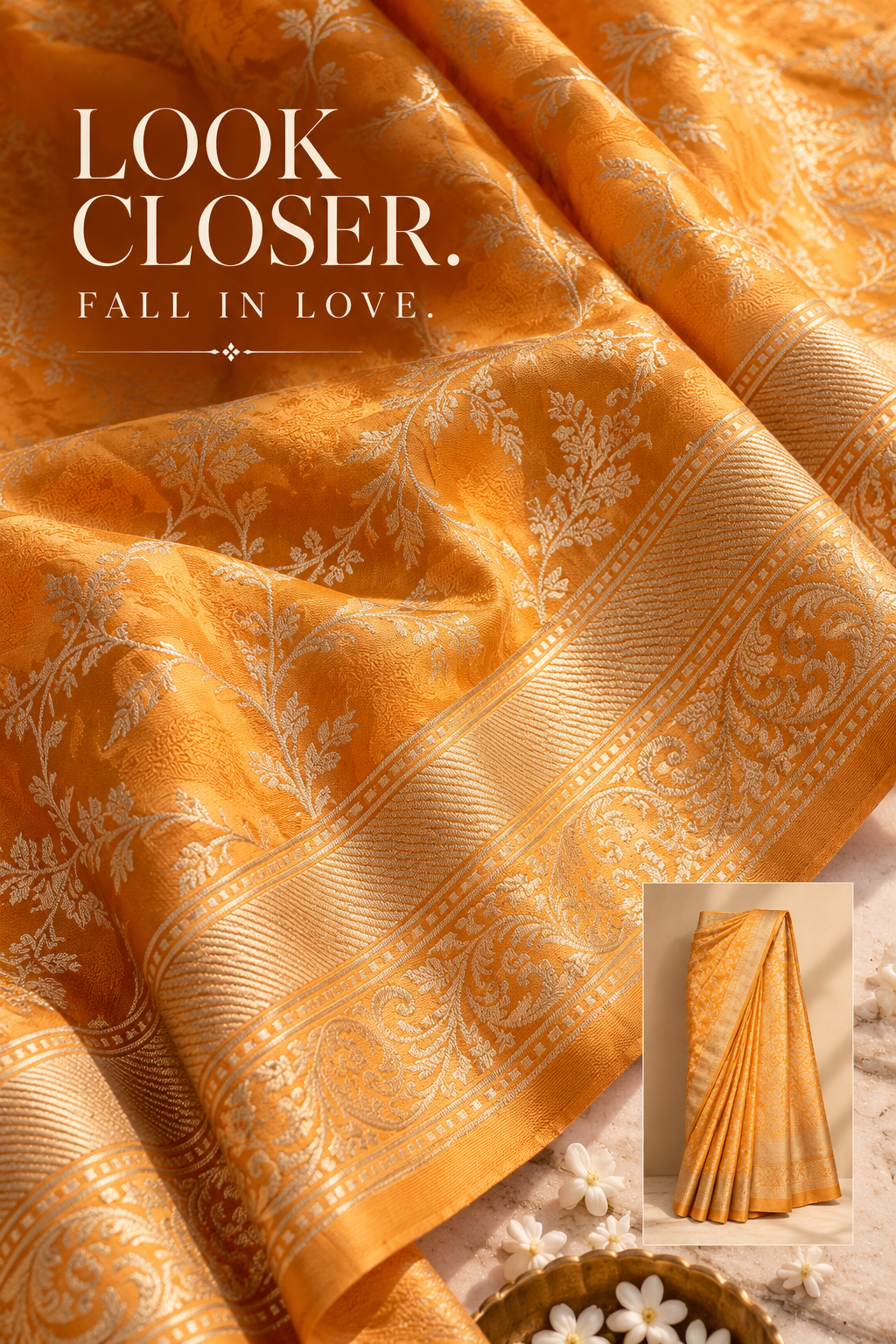 Orange Handwoven Pure Silk Shikargah Banarasi Saree