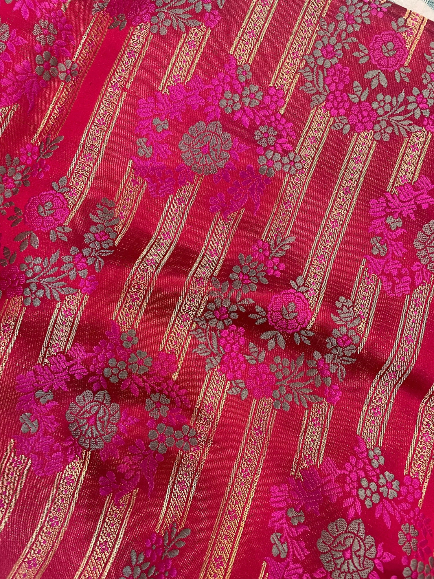 Pink Satin Silk Handwoven Pure Banarasi Fabric With Meenakari Floral Motif
