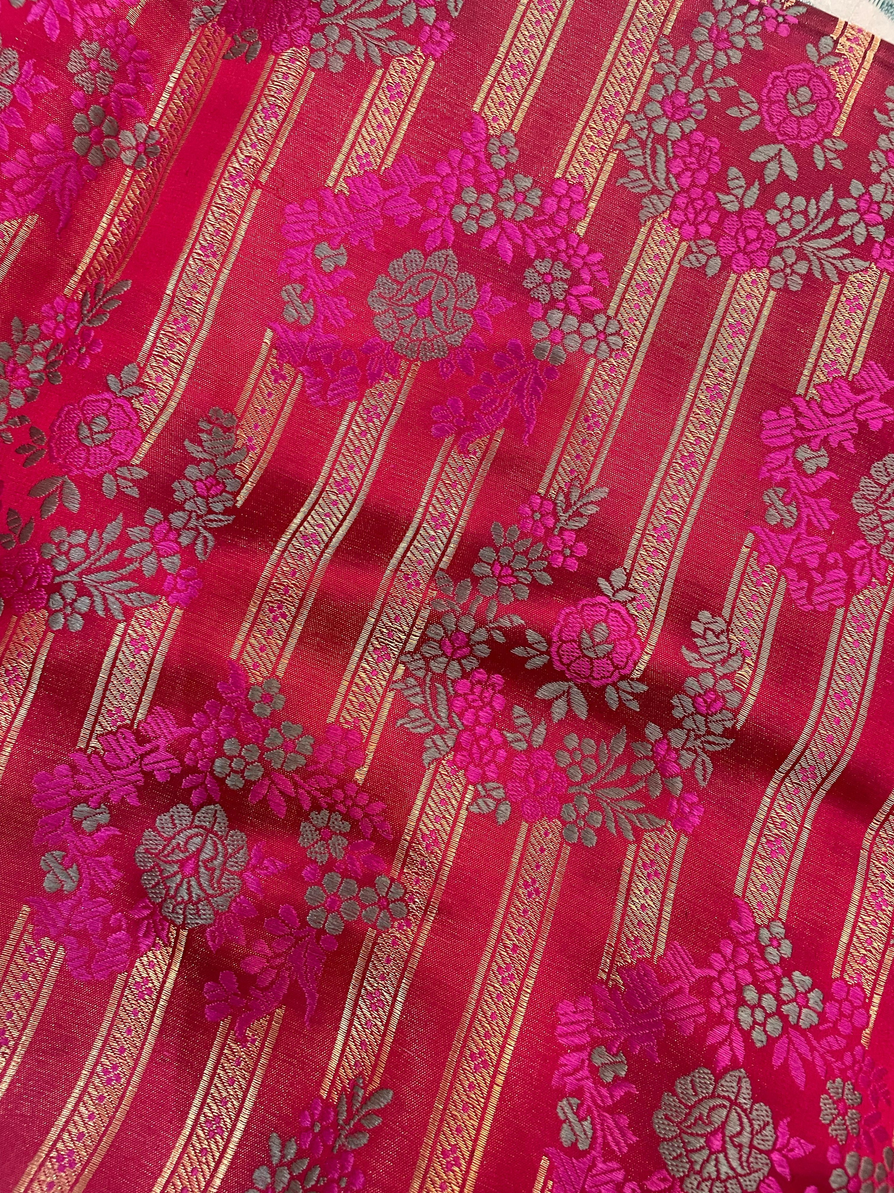 Pink Satin Silk Handwoven Pure Banarasi Fabric With Meenakari Floral Motif