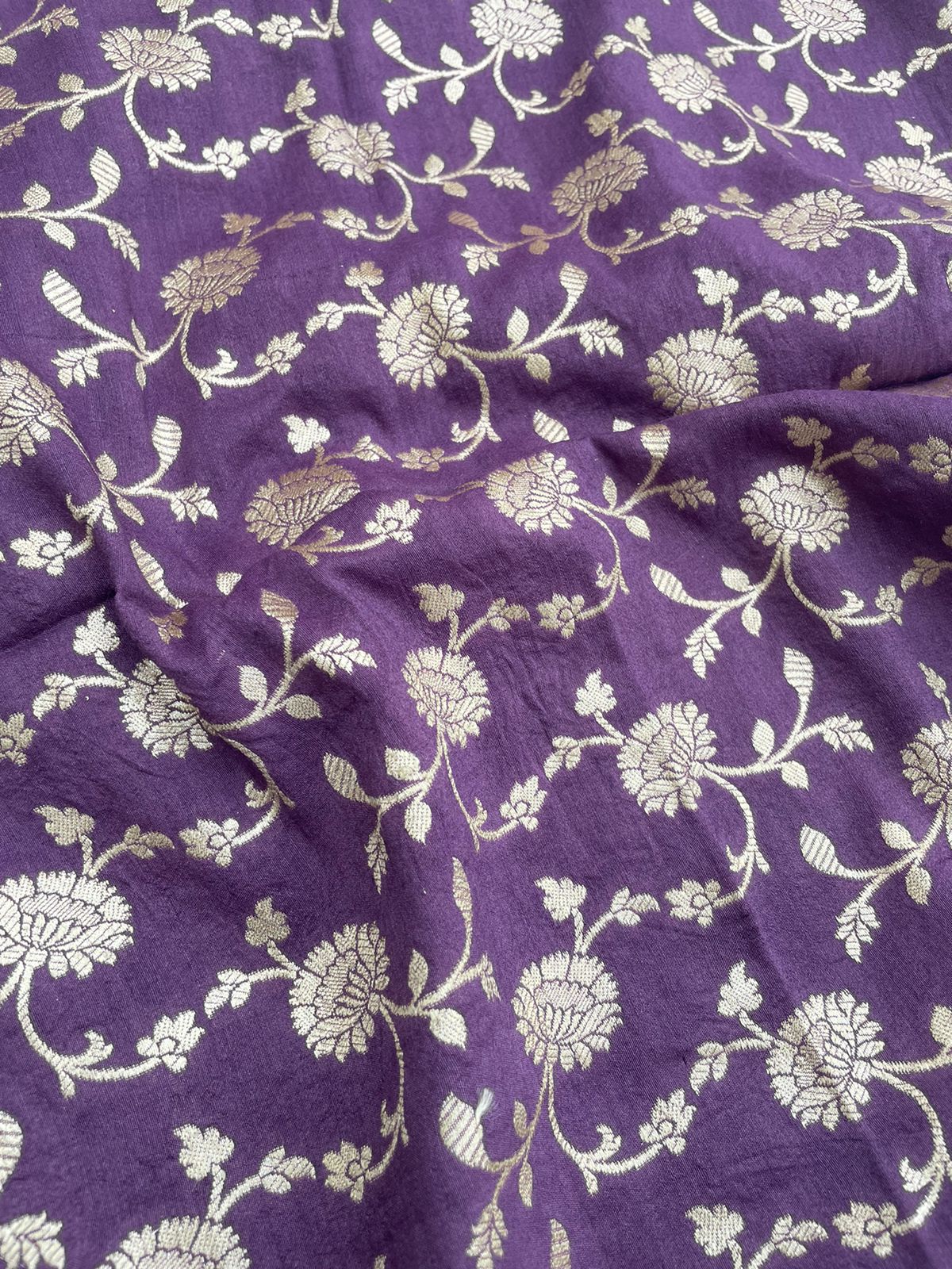 1 m Purple Munga Silk Floral Jaal Fabric