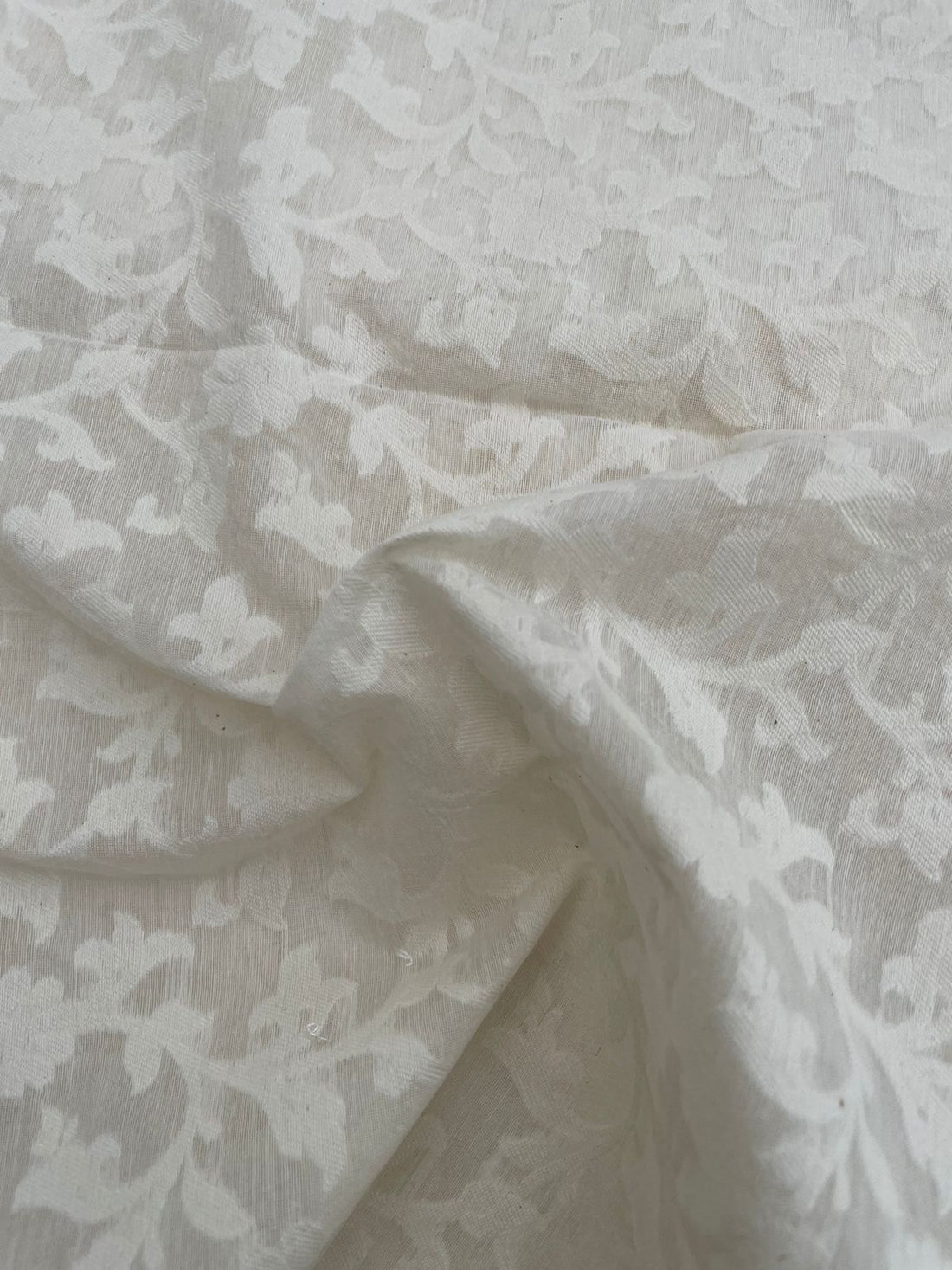 White Jacquard Chanderi Silk Floral Fabric