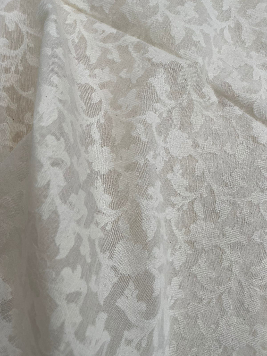 White Jacquard Chanderi Silk Floral Fabric