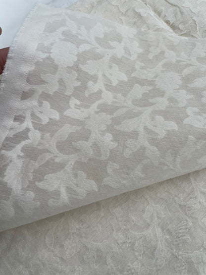 White Jacquard Chanderi Silk Floral Fabric