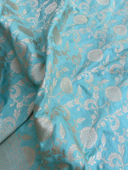 Light Blue Handloom Banarasi Pure Silk Jangla Saree