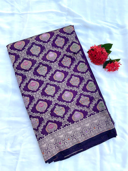 Purple Handloom Banarasi Pure Silk Minakari Jangla Saree