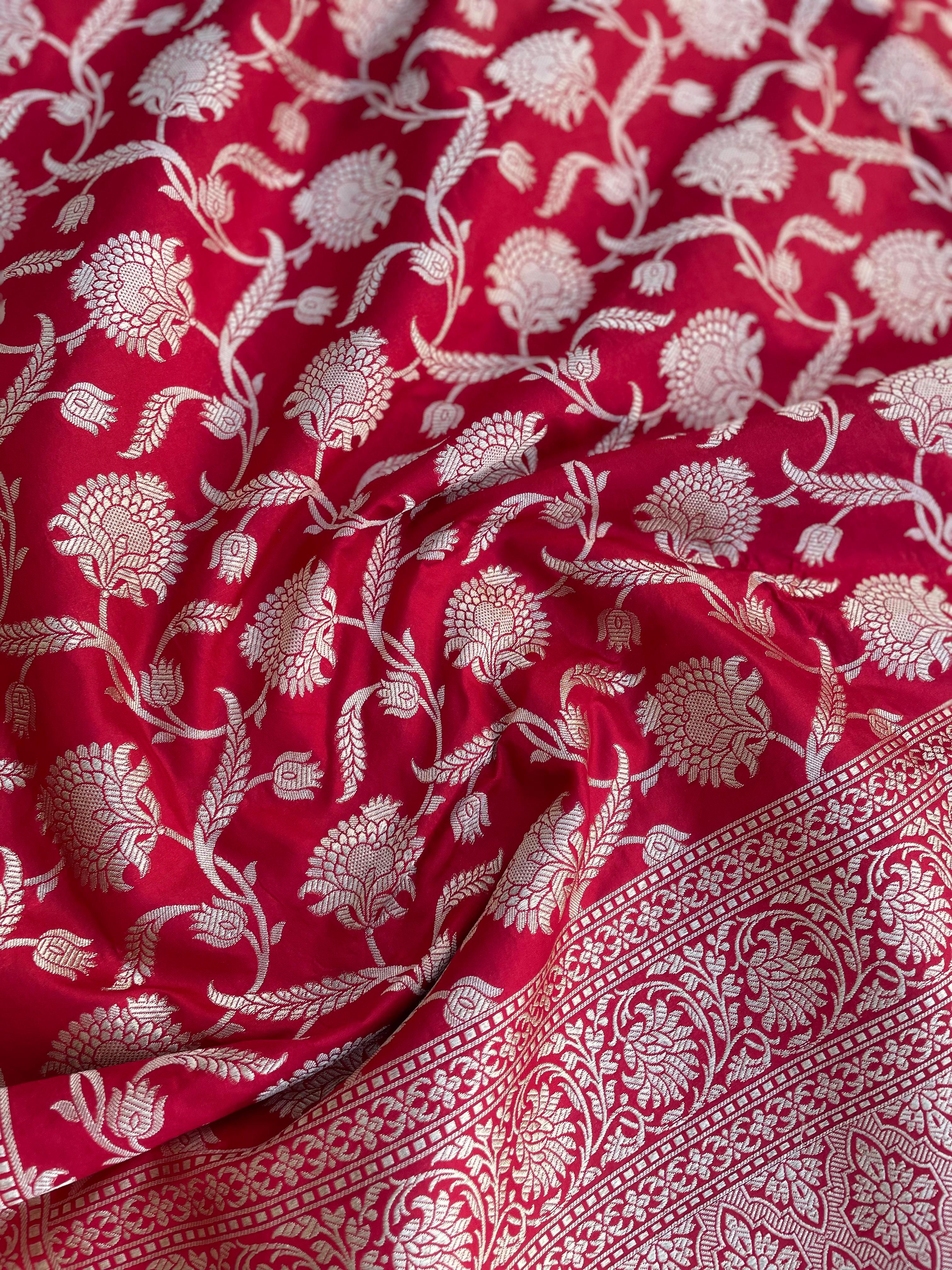 Red Handloom Pure Silk Jangla Saree