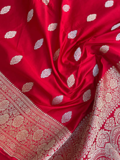 Red Handloom Satin Silk Banarasi Kadhua Silk Saree