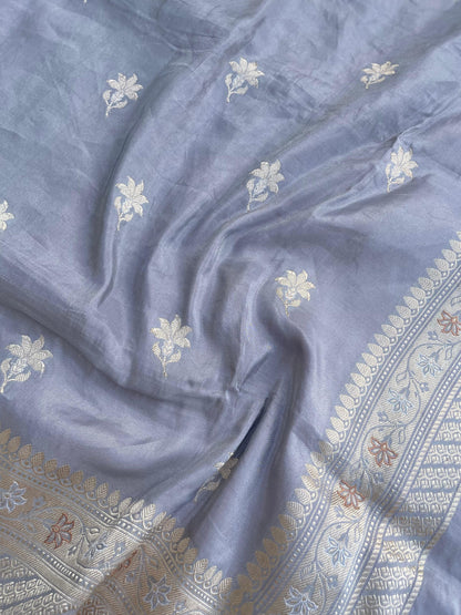 Gray Handloom Banarasi Pure Tissue Silk Kadhua Saree