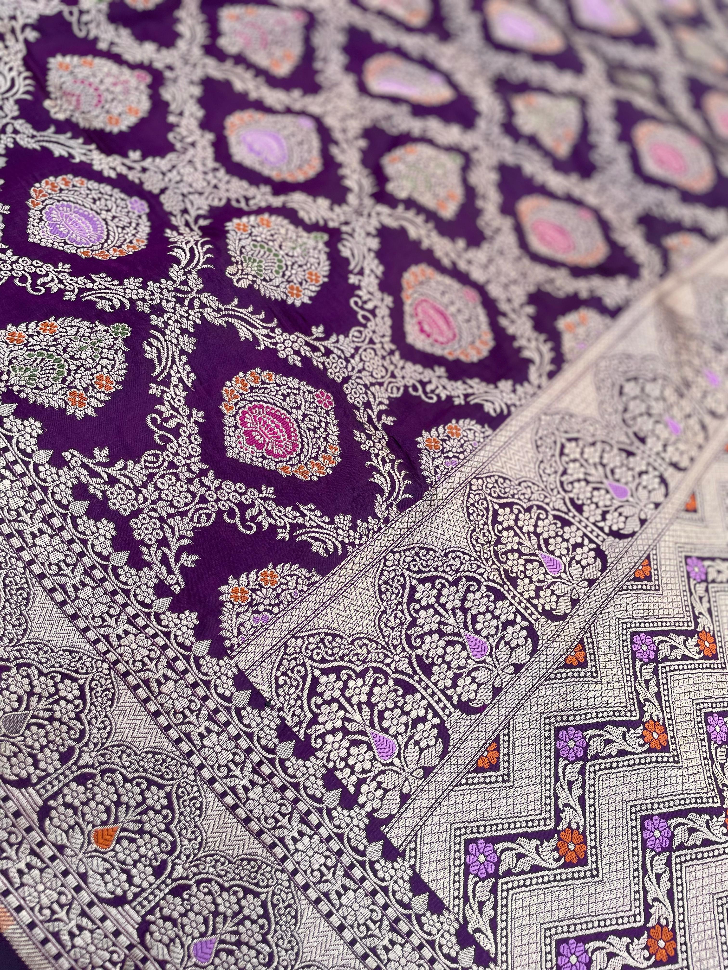 Purple Handloom Banarasi Pure Silk Minakari Jangla Saree