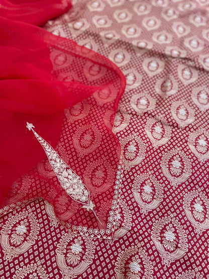 Red Handwoven Silk Banarasi Suit Fabric