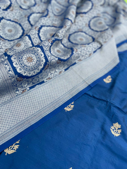 Blue Handwoven Pure Kataan Silk Banarasi Suit Fabric