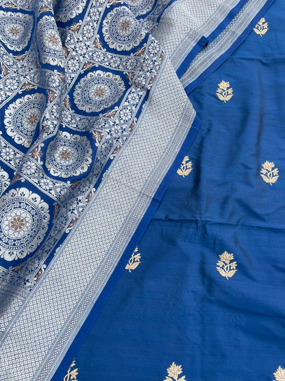 Blue Handwoven Pure Kataan Silk Banarasi Suit Fabric