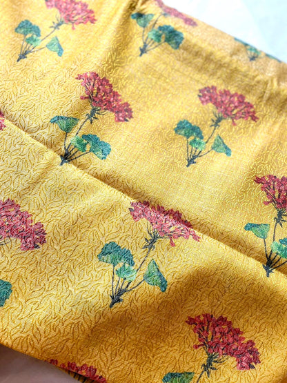 Yellow Digital Printed Self Weave Soft Silk Fabric