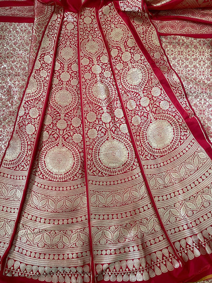Mandala Red Handwoven Pure Silk Banarasi Lehenga
