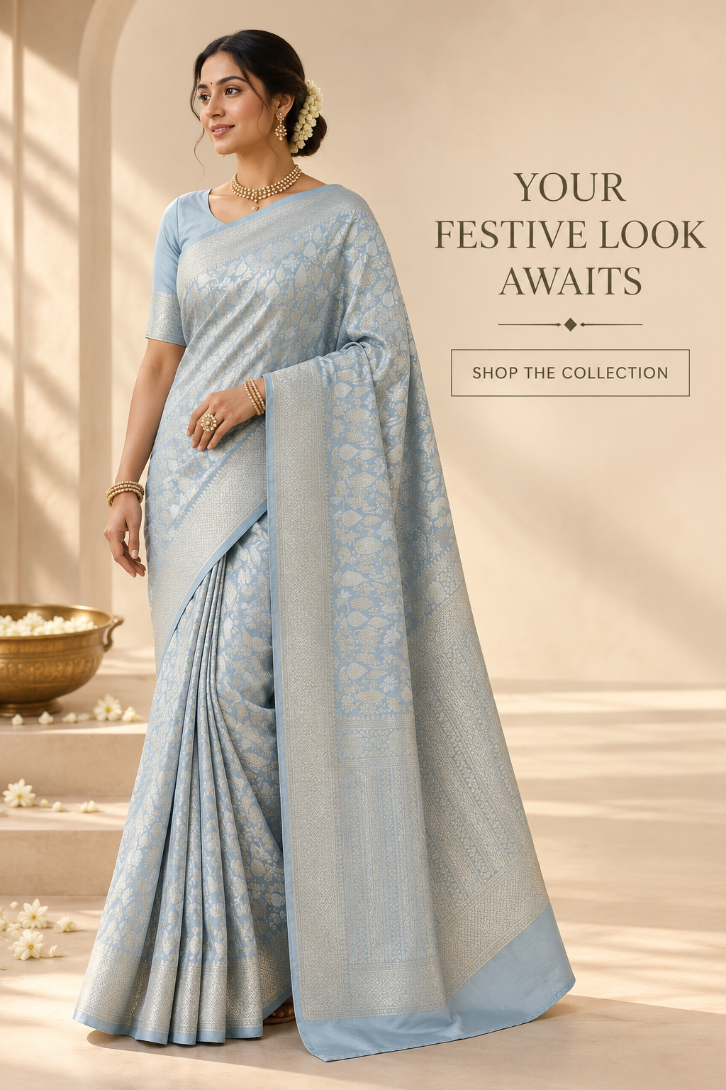 Gray Silk Tissue Jangla Banarasi Saree