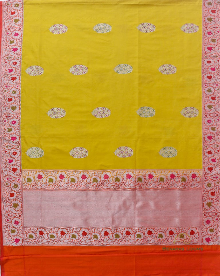Yellow Floral Satin Silk Kadhua Meenakari  Banarasi Saree