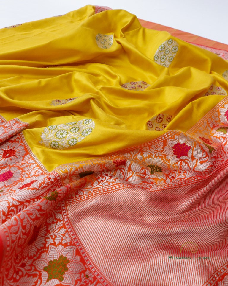 Yellow Floral Satin Silk Kadhua Meenakari  Banarasi Saree