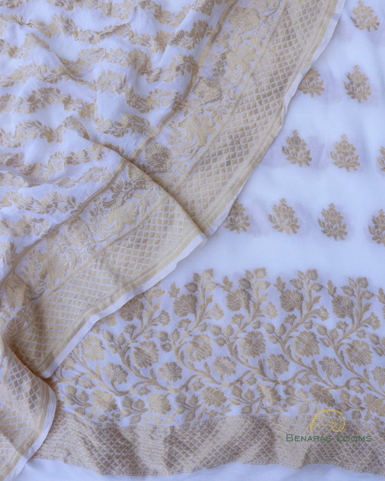 White Handwoven Georgette Banarasi Suit Set