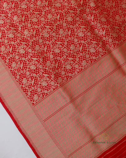 Red Handwoven Pure Kataan Silk Shikargah Banarasi Dupatta