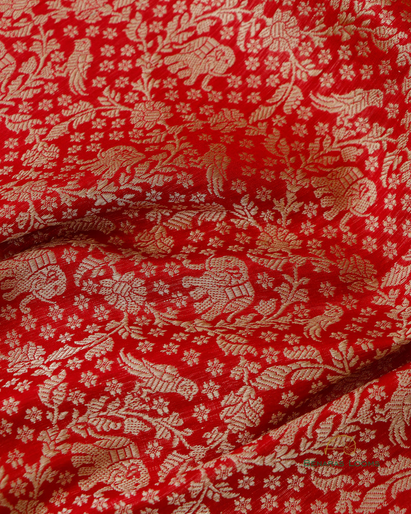 Red Handwoven Pure Kataan Silk Shikargah Banarasi Dupatta