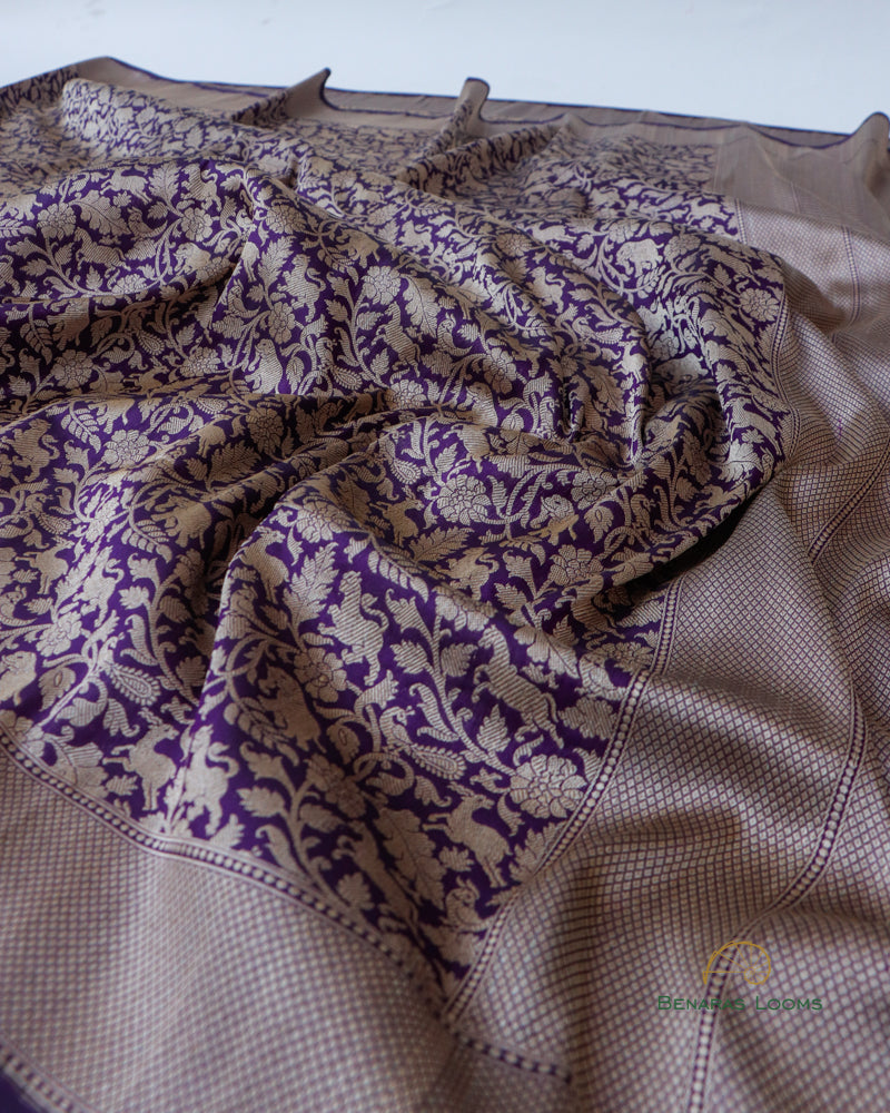 Purple Handloom Kataan Silk Shikargah Jangla Banarasi Saree