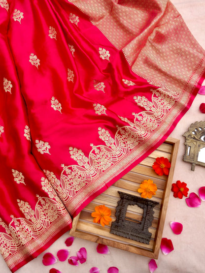 Red Handwoven Pure Satin Silk Banarasi Saree