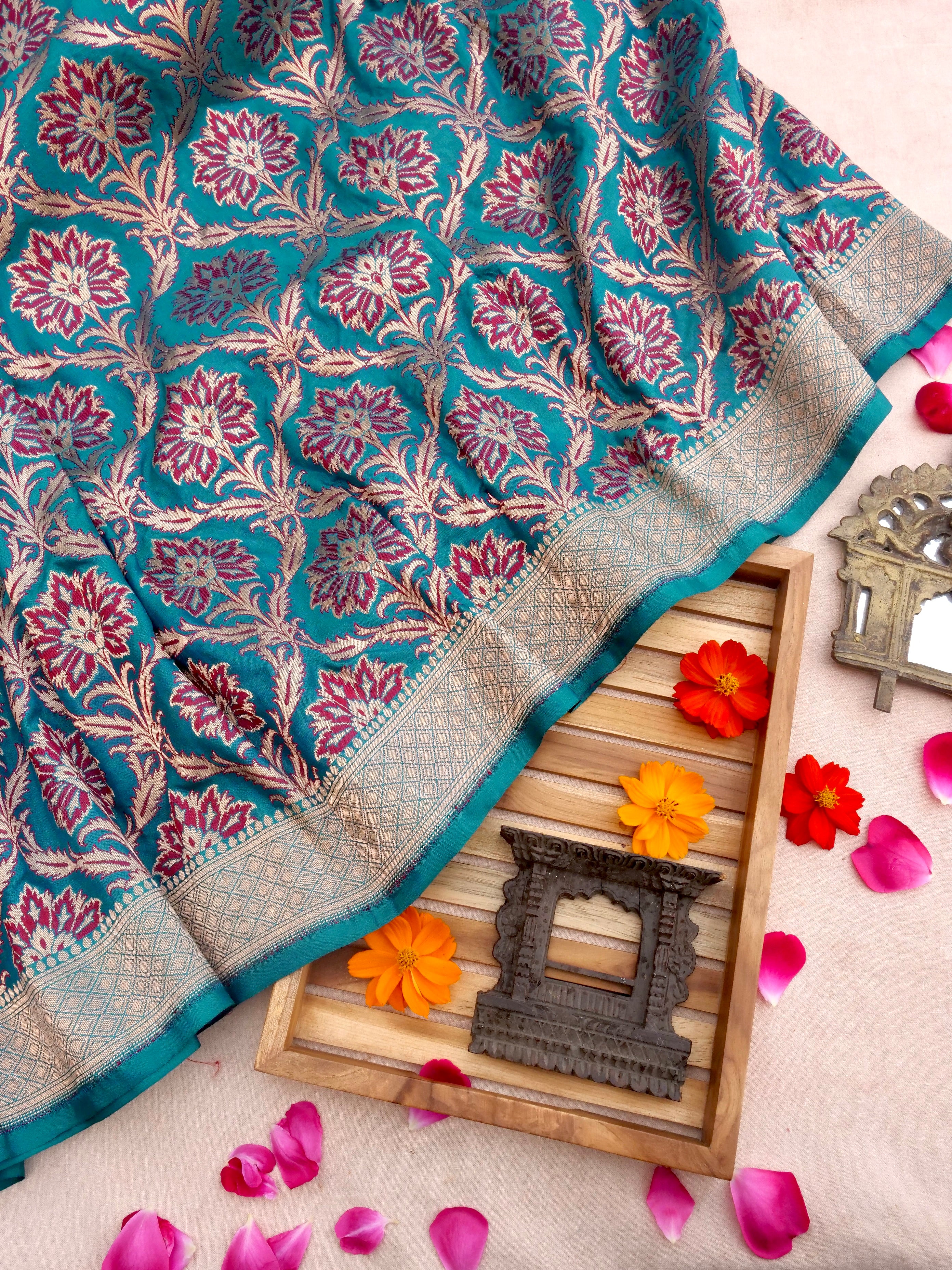 Blue Handwoven Kataan Silk Jangla Meenakari Banarasi Saree
