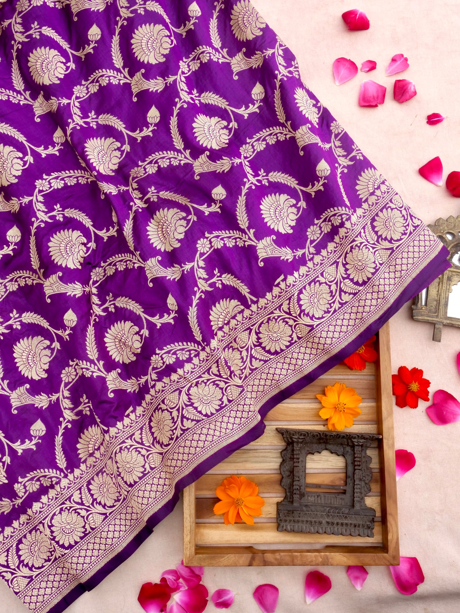 Purple Handwoven Kataan Silk Jangla Banarasi Saree