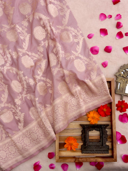 Purple Handwoven Pure Kataan Silk Jangla Banarasi Saree