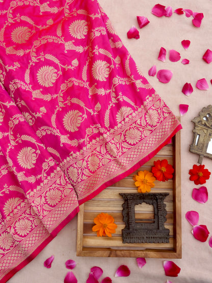 Pink Handwoven Kataan Silk Jangla Banarasi Saree
