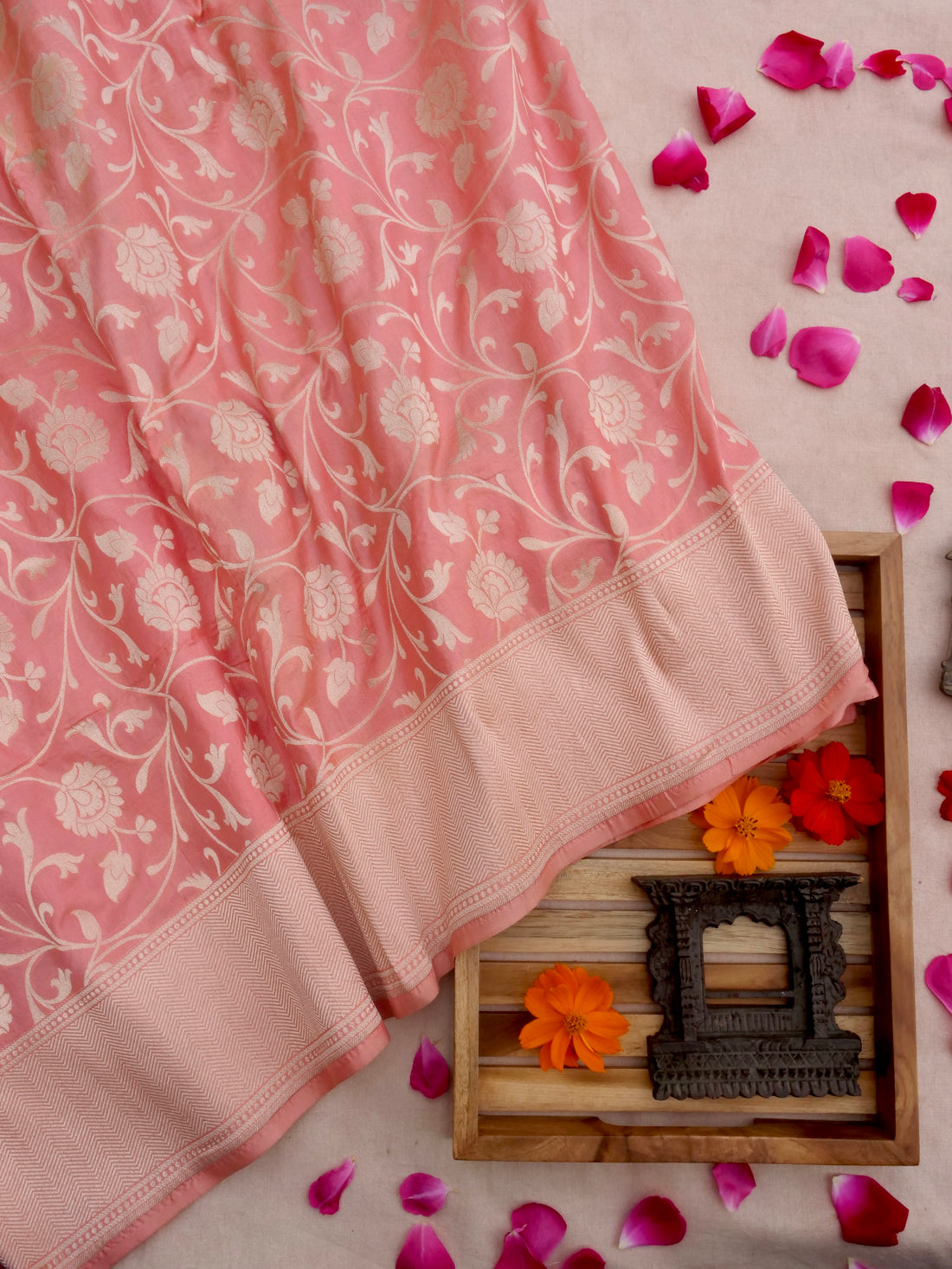 Peach-Pink Handwoven Kataan Silk Jangla Banarasi Saree