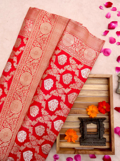 Red Handwoven Pure Kataan Silk Kadhua Jaal Benarasi Saree