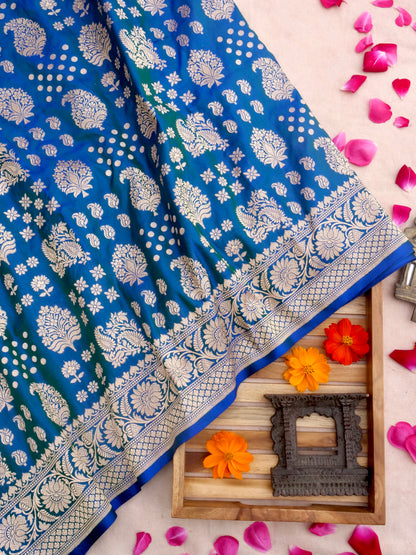 Blue Handwoven Kataan Silk Buti Banarasi Saree