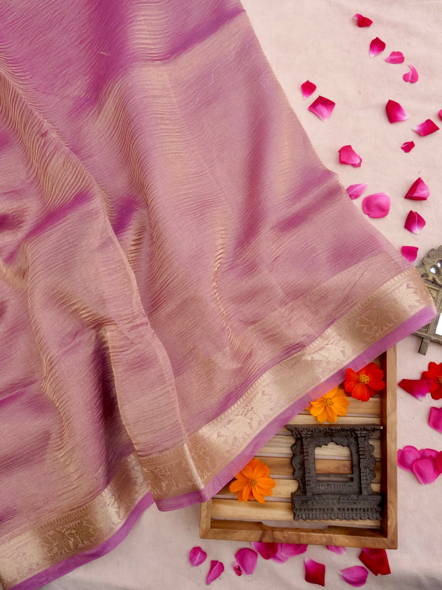 Onion Pink Pure Crush Tissue Silk Banarasi Saree