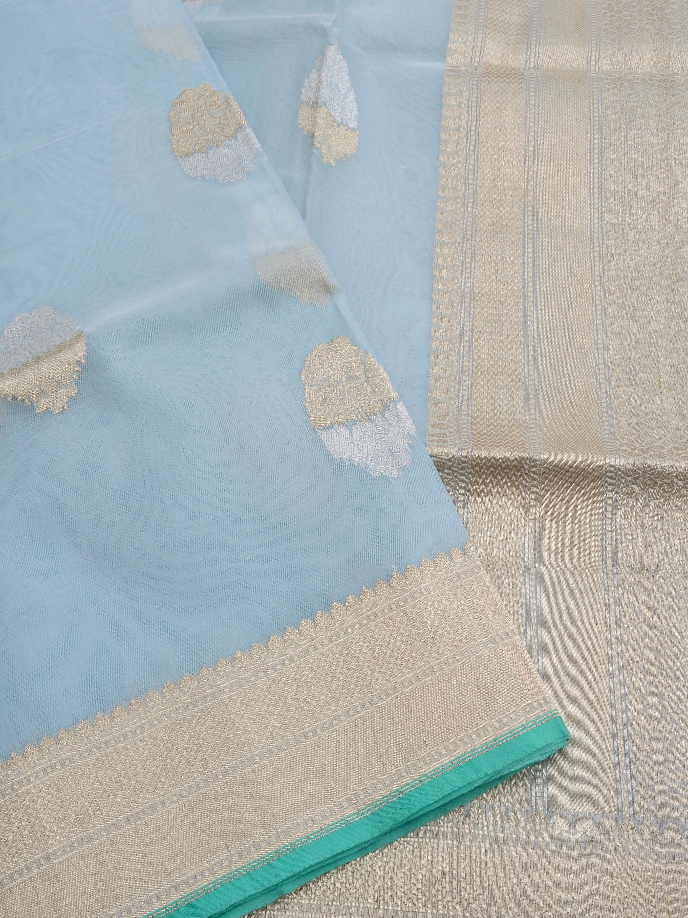 Light Blue Handloom Organza Kadhua Buti Banarasi Silk Saree