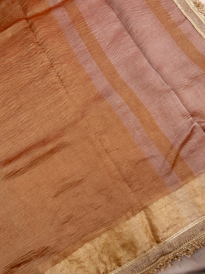 Copper Gold Pure Crush Tissue Silk Banarasi Saree with Embellished Border