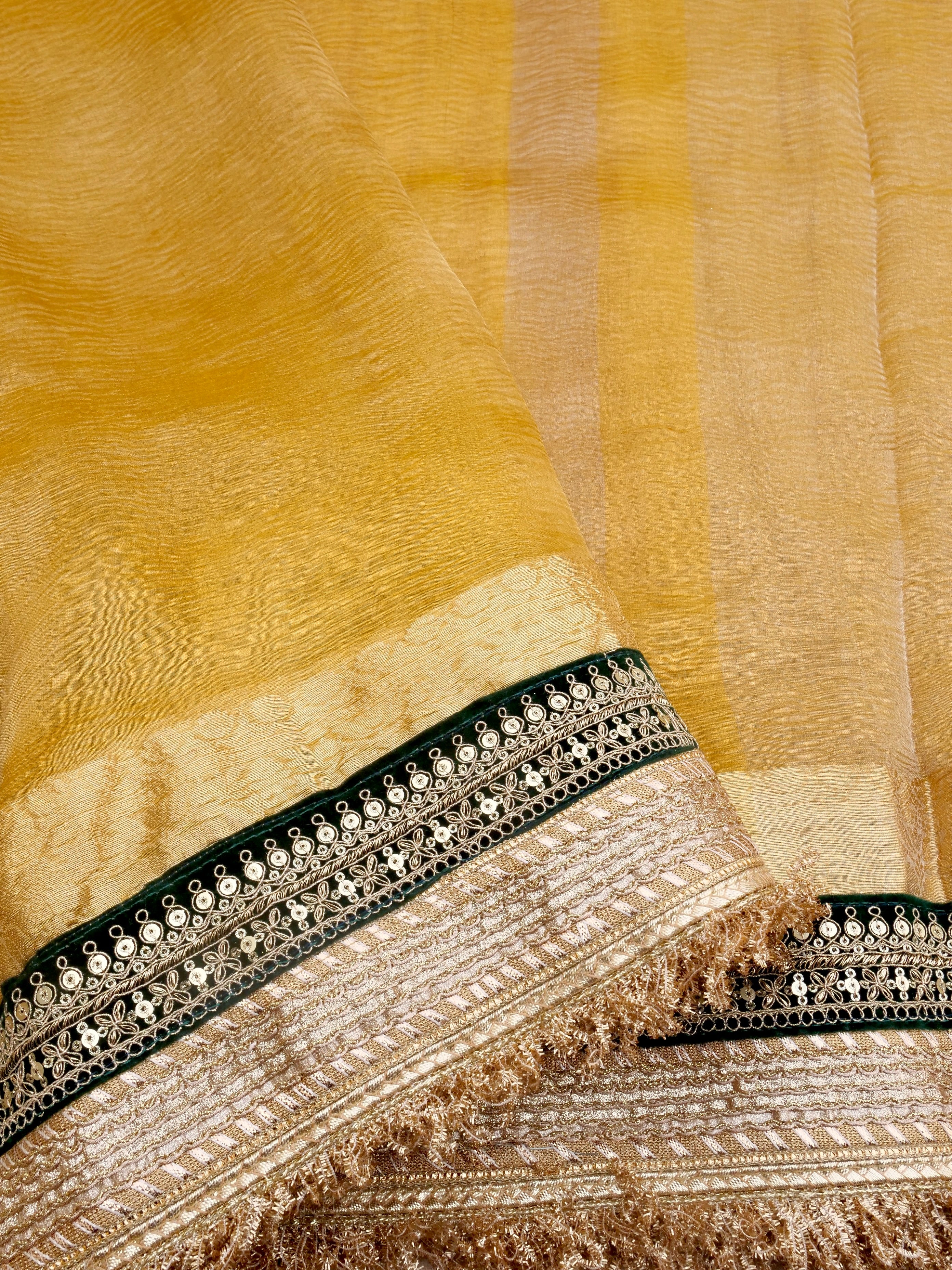 Yellow Gold Pure Crush Tissue Silk Banarasi Saree with Embellished Border
