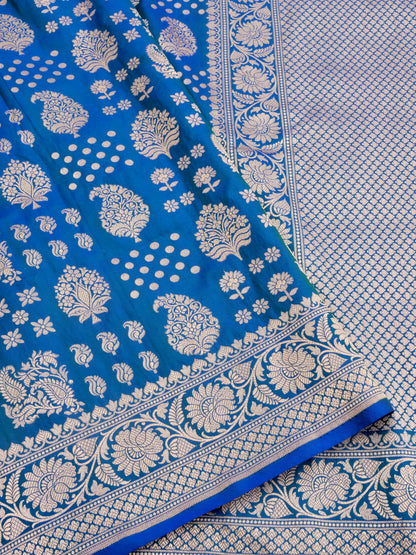 Blue Handwoven Kataan Silk Buti Banarasi Saree