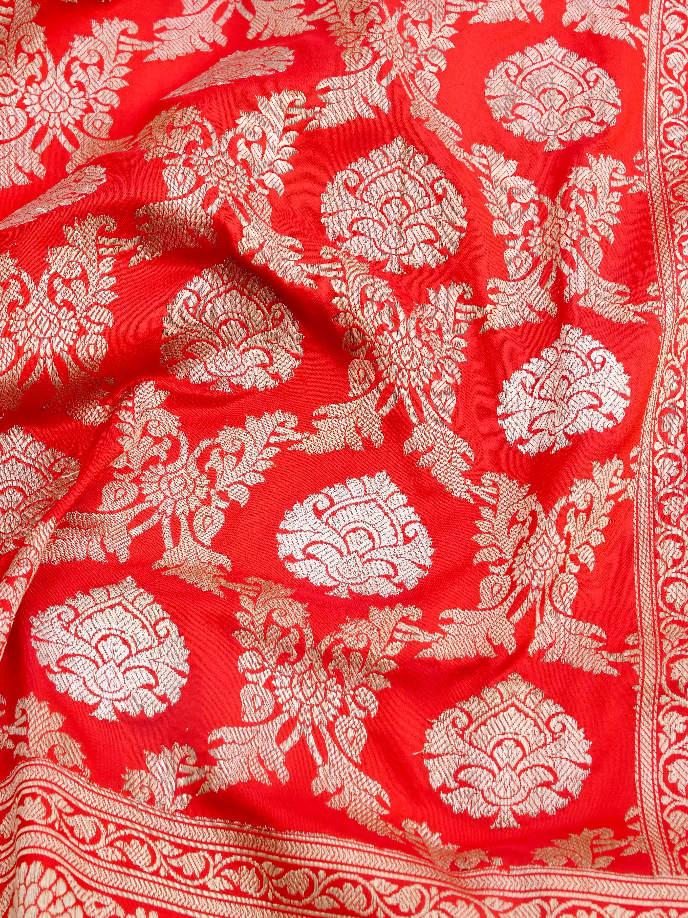 Red Handwoven Pure Kataan Silk Kadhua Jaal Benarasi Saree